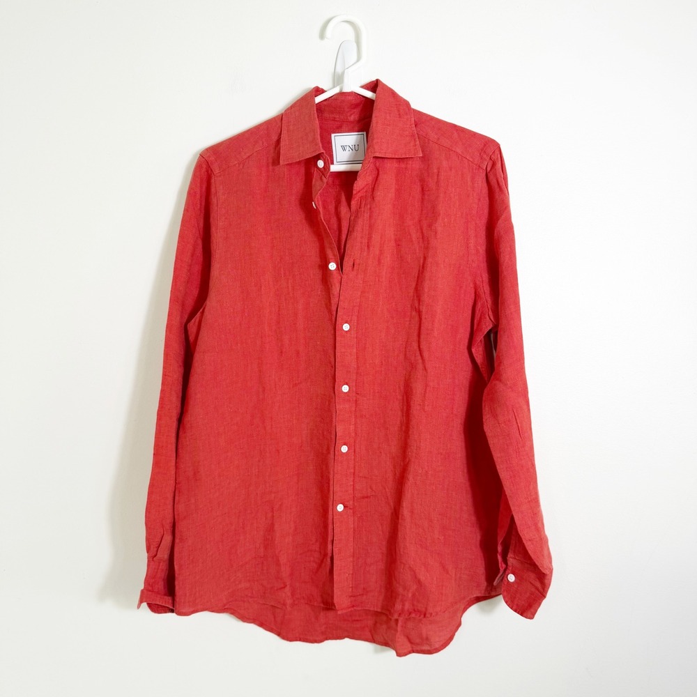 WNU Button Down Shirt Women 6 Red 100% Linen Long Sleeve Designed in London